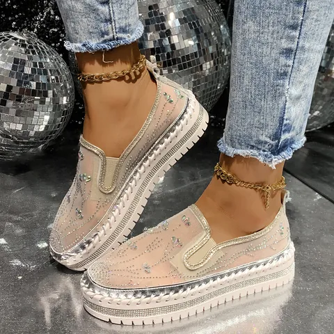 Women Rhinestone Platform Loafers Fashion Slip On Casual Shoes Sparkly Mesh Breathable Thick Sole Rivet Sneakers Walking Shoes