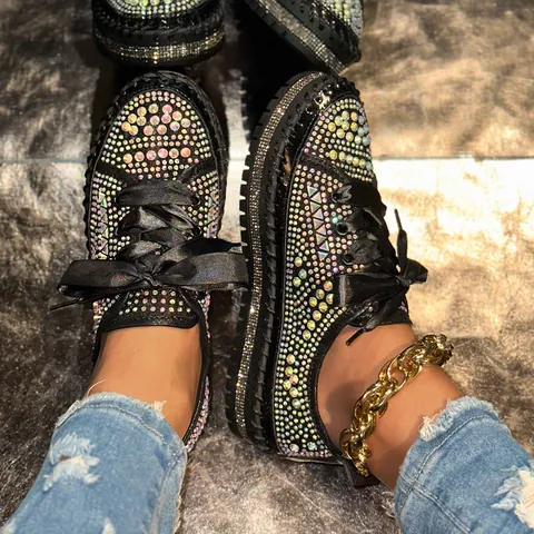 Mocassins à Plateforme pour Femmes Strass Colorés Chaussures Décontractées Brillantes à Lacets Baskets Basses avec Ruban en Satin pour Fête