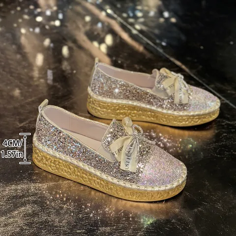 Women French Style Rhinestone Bow Slip-on Loafers Thick Sole Comfortable Casual Glitter Platform Flat Shoes Gold Silver