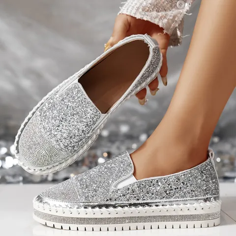 Mocassini da Donna con Plateau Strass e Paillettes Casual Slip On Stile Coreano Scarpe da Passeggio a Suola Spessa Lucidi Eleganti