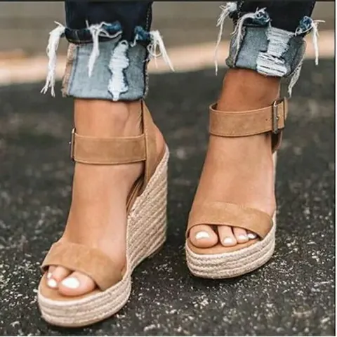 Sandales Compensées Espadrilles pour Femmes en Suédine avec Bride à Boucle Sandales à Plateau Bout Ouvert Été