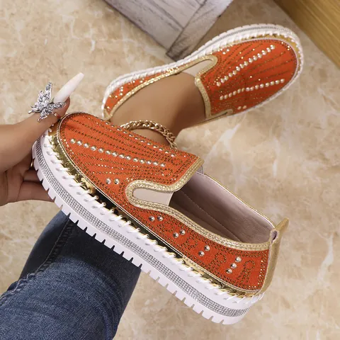 Mocassini Platform con Strass da Donna Camoscio Traspirante Scarpe Basse Casual Moda Senza Lacci Stile Coreano 2025 Estate
