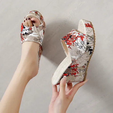 Mules à Talons Compensés pour Femmes Bout Ouvert Imprimé Floral Sandales à Plateforme Mode été