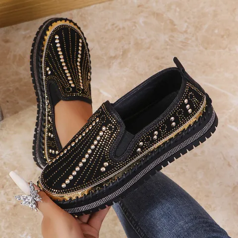 Mocassini Platform con Strass da Donna Camoscio Traspirante Scarpe Basse Casual Moda Senza Lacci Stile Coreano 2025 Estate