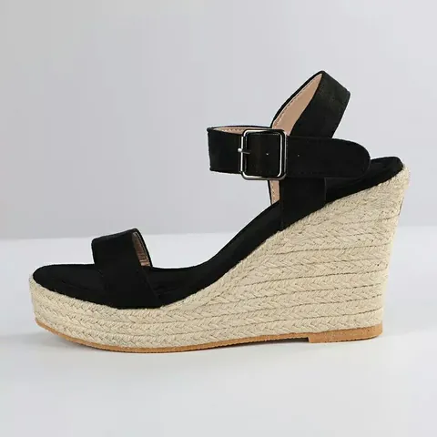 Sandales Compensées Espadrilles pour Femmes en Suédine avec Bride à Boucle Sandales à Plateau Bout Ouvert Été