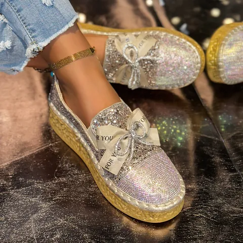 Women French Style Rhinestone Bow Slip-on Loafers Thick Sole Comfortable Casual Glitter Platform Flat Shoes Gold Silver