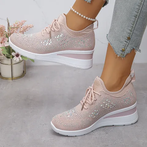 Women Mesh Rhinestone Sneakers Wedge Platform Walking Shoes Lace Up Breathable Height Increasing Casual Sport Fashion Shoes