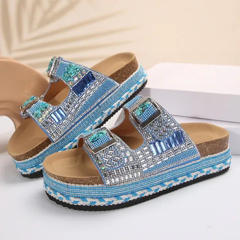 Women's Bohemian Wedge Platform Slippers Rhinestone Double Buckle Beach Sandals PU Leather Hemp Braid Casual Summer Shoes