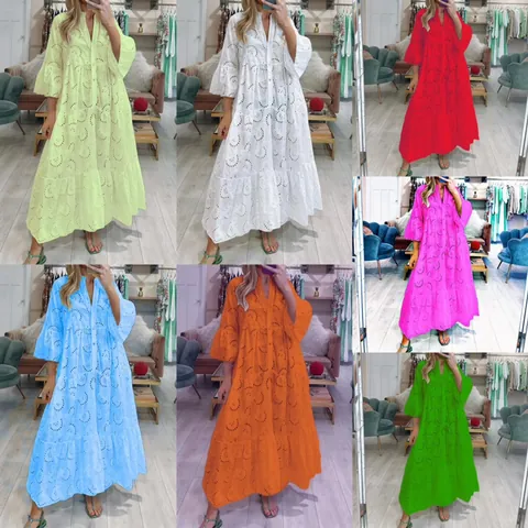 Robe Maxi Sexy en Dentelle Évidée à Col en V et Manches Évasées de Style Français Jupe à Volants Brodée pour Femmes Fête d'Été