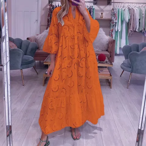 Robe Maxi Sexy en Dentelle Évidée à Col en V et Manches Évasées de Style Français Jupe à Volants Brodée pour Femmes Fête d'Été