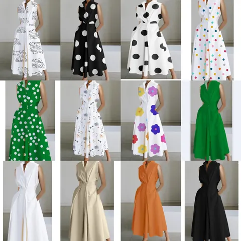 Women Summer Sleeveless V Neck Button Midi Dress Polka Dot Floral Fishtail Hem Commuter Casual Dress For Women