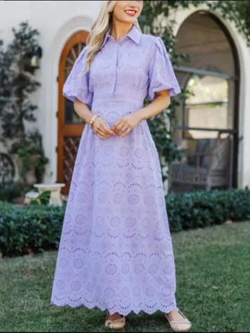 Robe Maxi Broderie Ajourée pour Femmes Col Polo Manches Bouffantes Couleur Unie Élégante Coupe en A Coton Robe de Plage