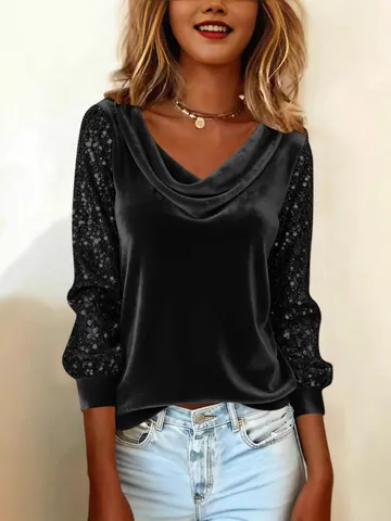 Women's Fashion Velvet Cowl Neck Long Sleeve T-Shirt Elegant Sequin Patchwork Solid Color Party Top
