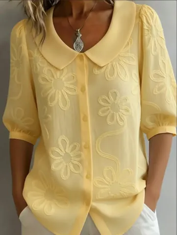 Vintage Floral Print Button Up Blouse For Women Retro Peter Pan Collar Half Sleeve Casual Top Polyester Casual Daily Shirt