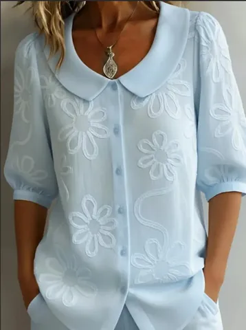 Vintage Floral Print Button Up Blouse For Women Retro Peter Pan Collar Half Sleeve Casual Top Polyester Casual Daily Shirt