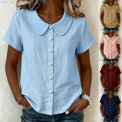 Women Casual Peter Pan Collar Short Sleeve Blouse Solid Color Pearl Button Shirt Top Loose Fit Polyester Summer Clothing