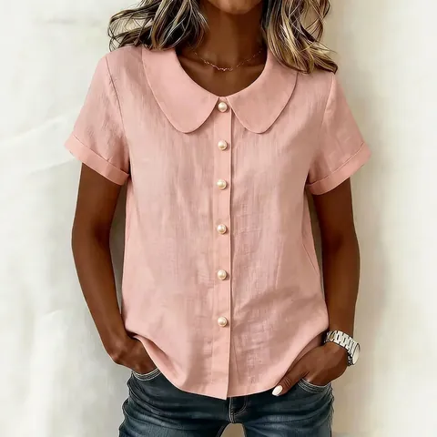 Women Casual Peter Pan Collar Short Sleeve Blouse Solid Color Pearl Button Shirt Top Loose Fit Polyester Summer Clothing