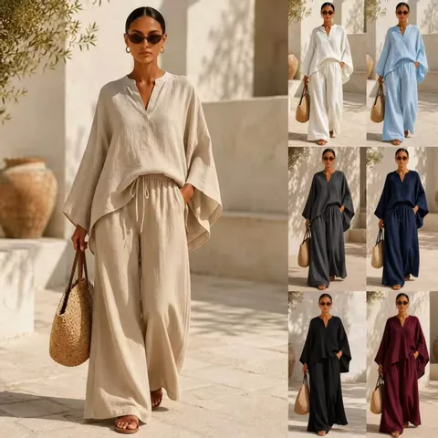 Women Casual Loose V-Neck Long Sleeve Shirt And Wide Leg Pants Top And Bottom Solid Color Polyester Loungewear Outfits