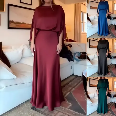Vestido Largo de Satén Elegante para Mujer Manga Capa Color Sólido Fiesta Formal Vestido de Noche Brillo Elegante