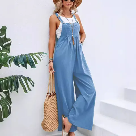 Peto Casual de Mezcla de Algodón de Color Sólido para Mujer Mono Pierna Ancha Recta Sin Mangas Con Bolsillos