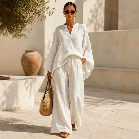 Women Casual Loose V-Neck Long Sleeve Shirt And Wide Leg Pants Top And Bottom Solid Color Polyester Loungewear Outfits