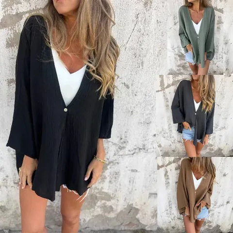 Dames V-hals Polyester Cardigan Top Effen Kleur Ruime Lange Mouw Open Voorzijde Geplisseerd Shirt Voor Dagelijks Gebruik