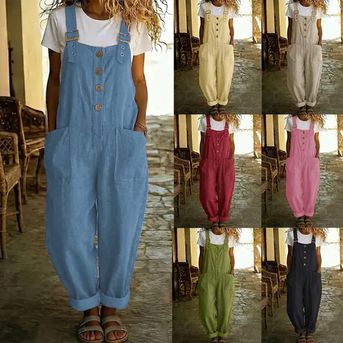 Damen Retro Polyester Jumpsuit Overalls Vintage Einfarbig Gerade Bein Spielanzug Mit Taschen Verstellbare Gurt Lässige Strampler