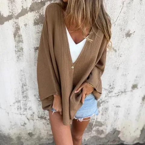 Dames V-hals Polyester Cardigan Top Effen Kleur Ruime Lange Mouw Open Voorzijde Geplisseerd Shirt Voor Dagelijks Gebruik