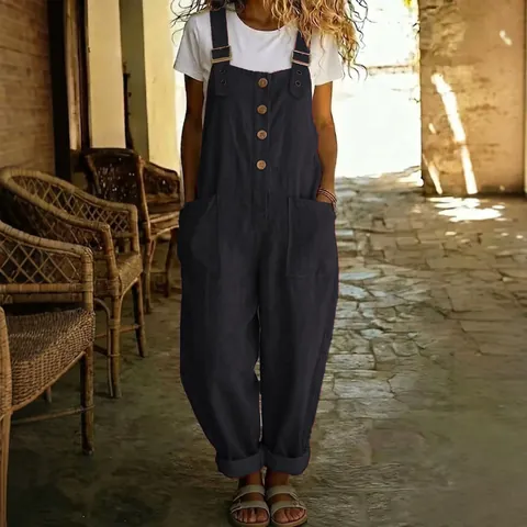 Damen Retro Polyester Jumpsuit Overalls Vintage Einfarbig Gerade Bein Spielanzug Mit Taschen Verstellbare Gurt Lässige Strampler