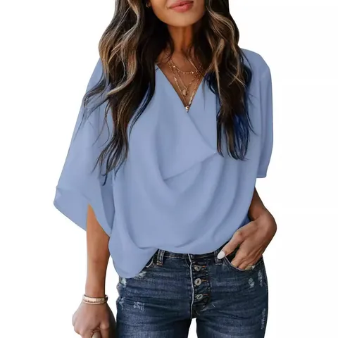 Women's V Neck Chiffon Blouse Loose Flare Sleeve Spandex Solid Color Casual Commuter Summer Pullover Top