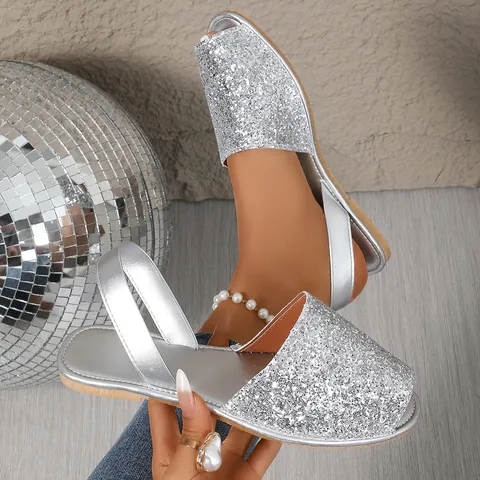 Women Sequin Flat Peep Toe Sandals Sparkly Glitter Slingback Soft Sole Casual Beach Shoes Large Size Gold Silver Evening Party Footwear