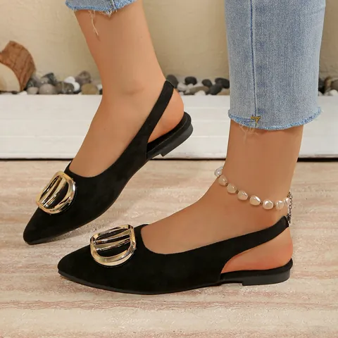 Sandales Plates à Bout Pointu pour Femmes Élégantes Boucle Dorée Slingback Chaussures Confortables Fini Suède Mode Estivale