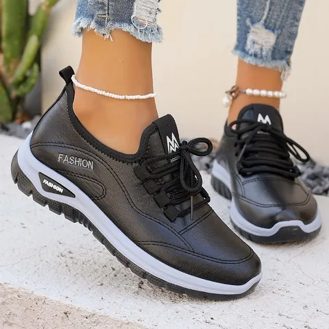 Baskets à Plateforme Décontractées pour Femmes en Cuir PU Respirant à Lacets Semelle Épaisse Chaussures de Marche à la Mode