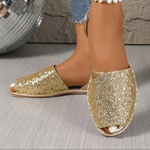Women Sequin Flat Peep Toe Sandals Sparkly Glitter Slingback Soft Sole Casual Beach Shoes Large Size Gold Silver Evening Party Footwear