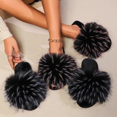 Chaussons de Mode en Fausse Fourrure pour Femmes à Bride Unique à Bout Ouvert Pantoufles de Maison en Peluche Semelle en Caoutchouc Chaude