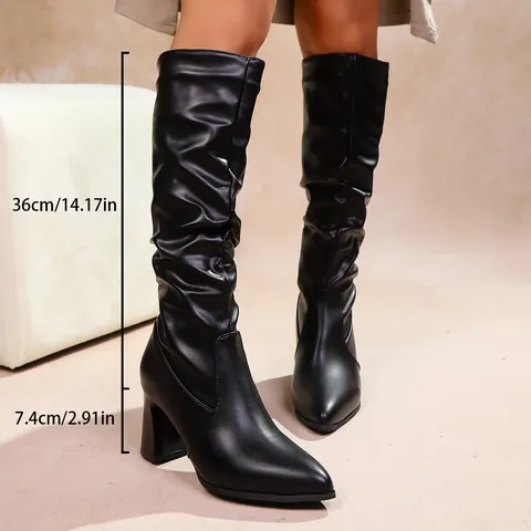 Bottes Hautes Pointues Plissées pour Femmes Talon Bloc Cuir Synthétique à Enfiler Genouillères Mode pour Printemps Automne Hiver