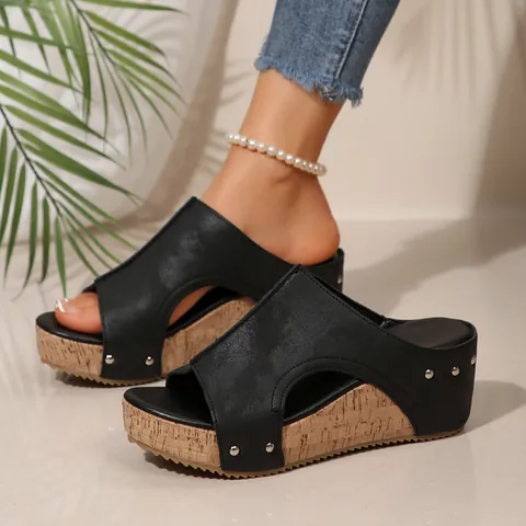 Women Vintage Wedge Platform Sandals Open Toe Roman Slippers Metal Stud Cork Texture Thick Sole Casual Slides Shoes