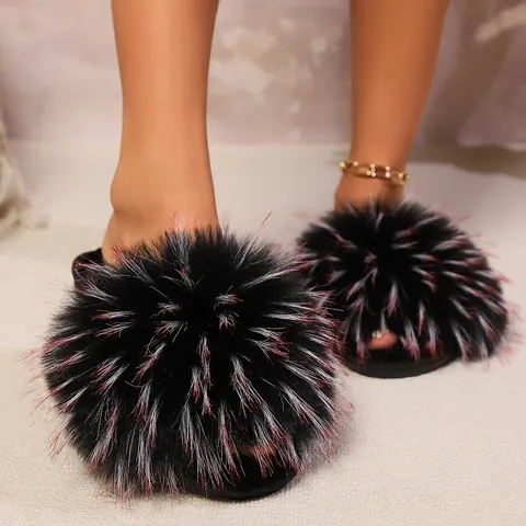 Chaussons de Mode en Fausse Fourrure pour Femmes à Bride Unique à Bout Ouvert Pantoufles de Maison en Peluche Semelle en Caoutchouc Chaude