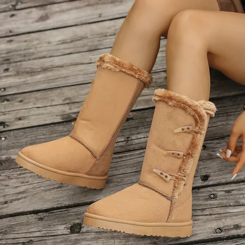 Bottes de Neige Mi-Mollet pour Femmes Avec Boutons Brandebourg Doublure Chaude en Fausse Fourrure Bottes d'Hiver Antidérapantes en Daim