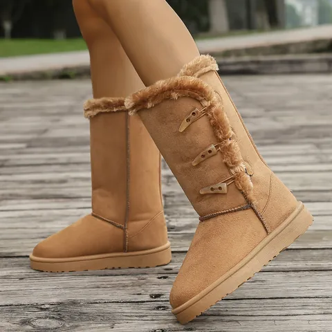 Bottes de Neige Mi-Mollet pour Femmes Avec Boutons Brandebourg Doublure Chaude en Fausse Fourrure Bottes d'Hiver Antidérapantes en Daim