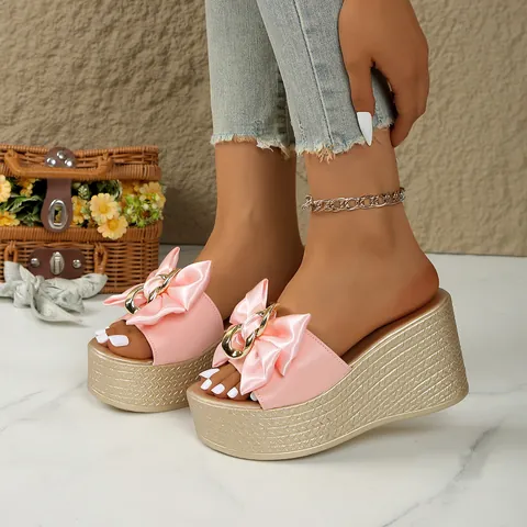 Mules à Plateforme Compensée pour Femmes Grand Nœud Boucle Métallique Semelle Épaisse Confortables Texture Tissée Chaussures de Plage Décontractées
