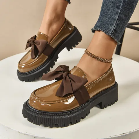 Women Bowknot Platform Loafers Vintage British Style Patent PU Leather Mid Heel Slip On Shoes For Daily Commuting Casual