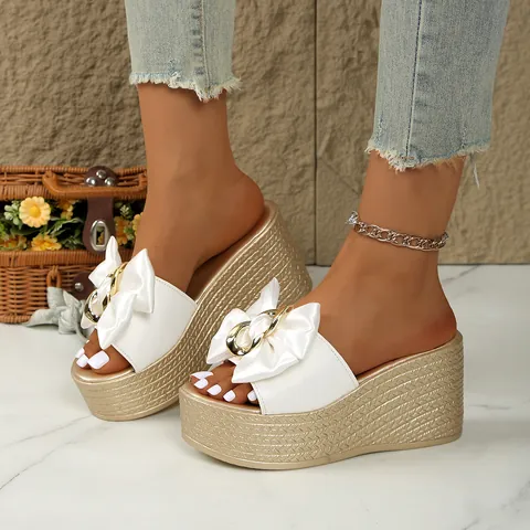 Mules à Plateforme Compensée pour Femmes Grand Nœud Boucle Métallique Semelle Épaisse Confortables Texture Tissée Chaussures de Plage Décontractées