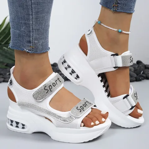 Sandales Sportives Plateforme Femmes Maille Respirante Lettre Strass Fermeture Auto-agrippante Compensées Décontracté Chaussures de Marche à Semelle Épaisse