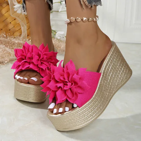 Mules Compensées Femme Fleurs 3D Plateforme Bout Ouvert Bohème Slides Été Grandes Tailles Décontracté Plage Mules