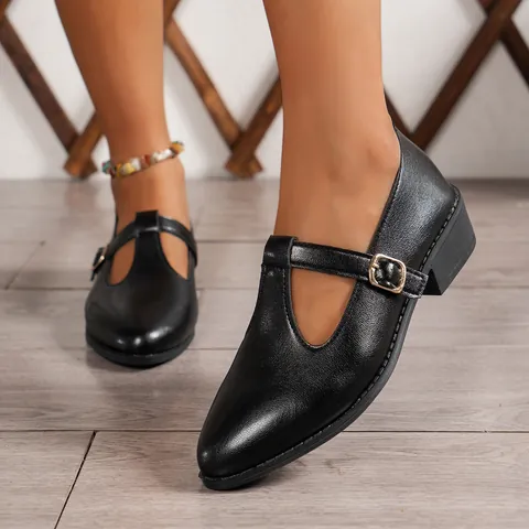 Mocassins à Talon Bloc pour Femmes Bride en T Mary Janes Bout Pointu Cuir PU Chaussures de Bureau