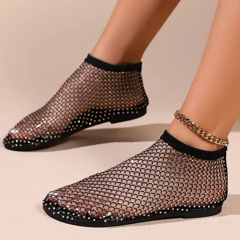 Sandalias Planas de Malla Calada con Diamantes de Imitación para Mujer Moda Talla Grande Zapatos de Rejilla Transpirables Mujer