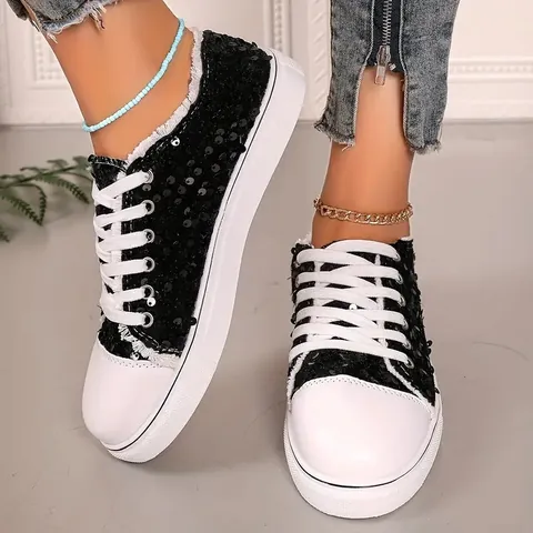 Women Skull Print Sequin Canvas Sneakers Casual Flat Low Top Lace Up Fashion Walking Shoes With Distressed Fringe White Sole