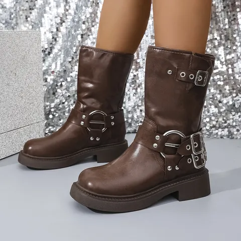Women Retro Western Cowboy Boots British Style Square Toe Martin Boots Thick Block Heel Buckle Strap Studded PU Leather Sheepskin Mid Calf Boots