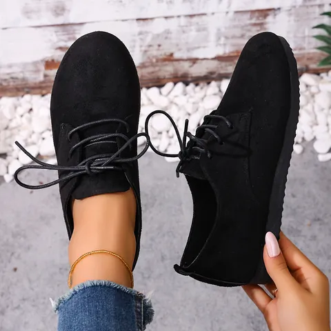 Women Cow Suede Casual Lace-Up Shoes Round Toe Flat Sole Breathable Solid Color Derby Oxford Style Fashion Daily Shoes